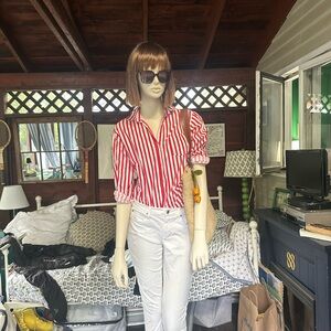 Red and White Striped Shirt with White Pants